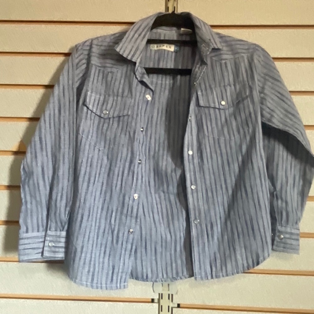 Roper Boys Blue White Micro Check Western Snap‎ Long Sleeve Shirt Size M 8-10